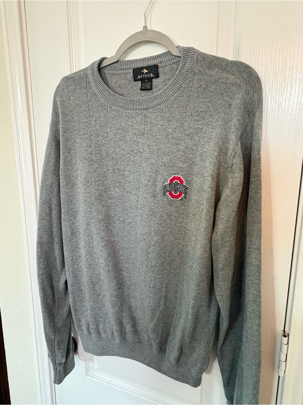 Antigua Gray Crewneck Sweater with Red Ohio State Patch